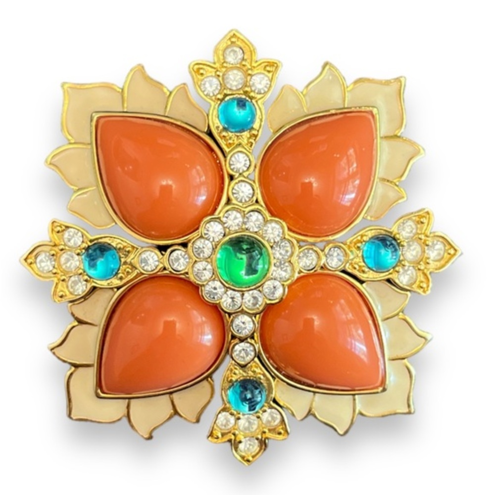 Large Vintage Joan Rivers Coral Brooch Blue & Green Lucite Enamel 3”x3” 1990s